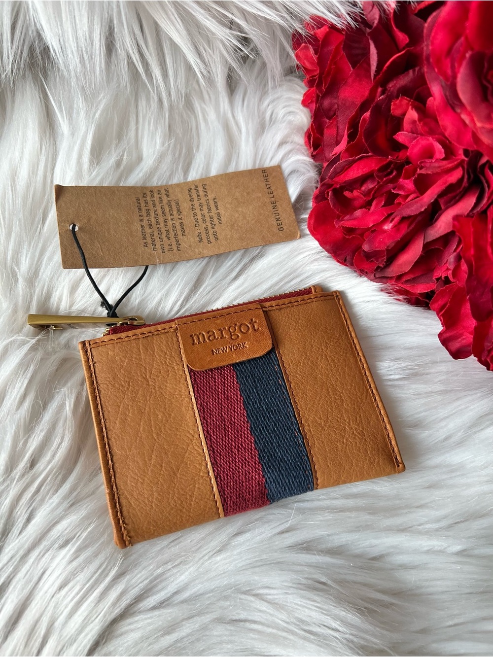 Margot New York Tan Leather Card Wallet with Red & Navy Center Stripe